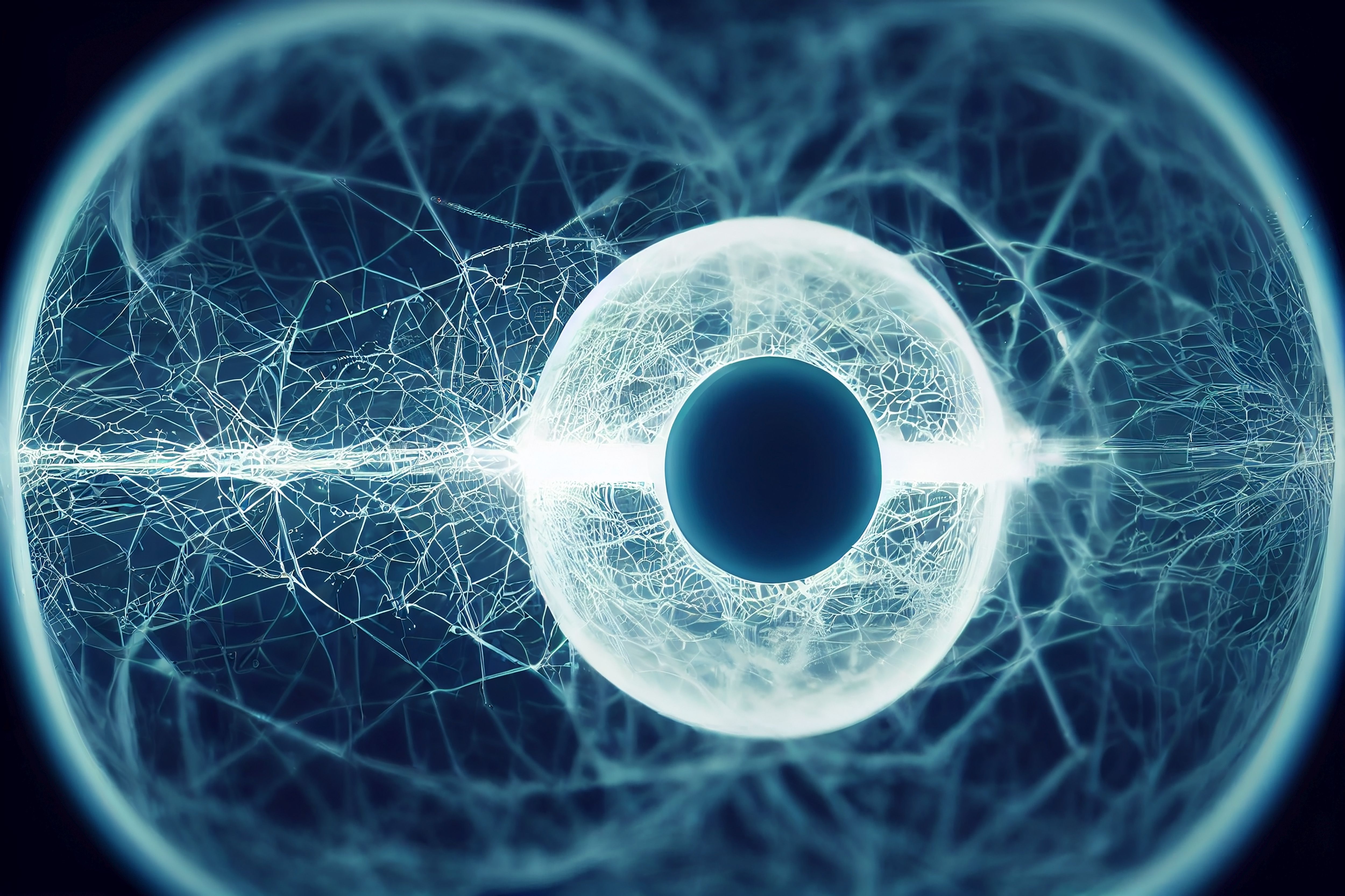 Futuristic eye rendered with complex network patterns symbolizing AI art detection algorithms