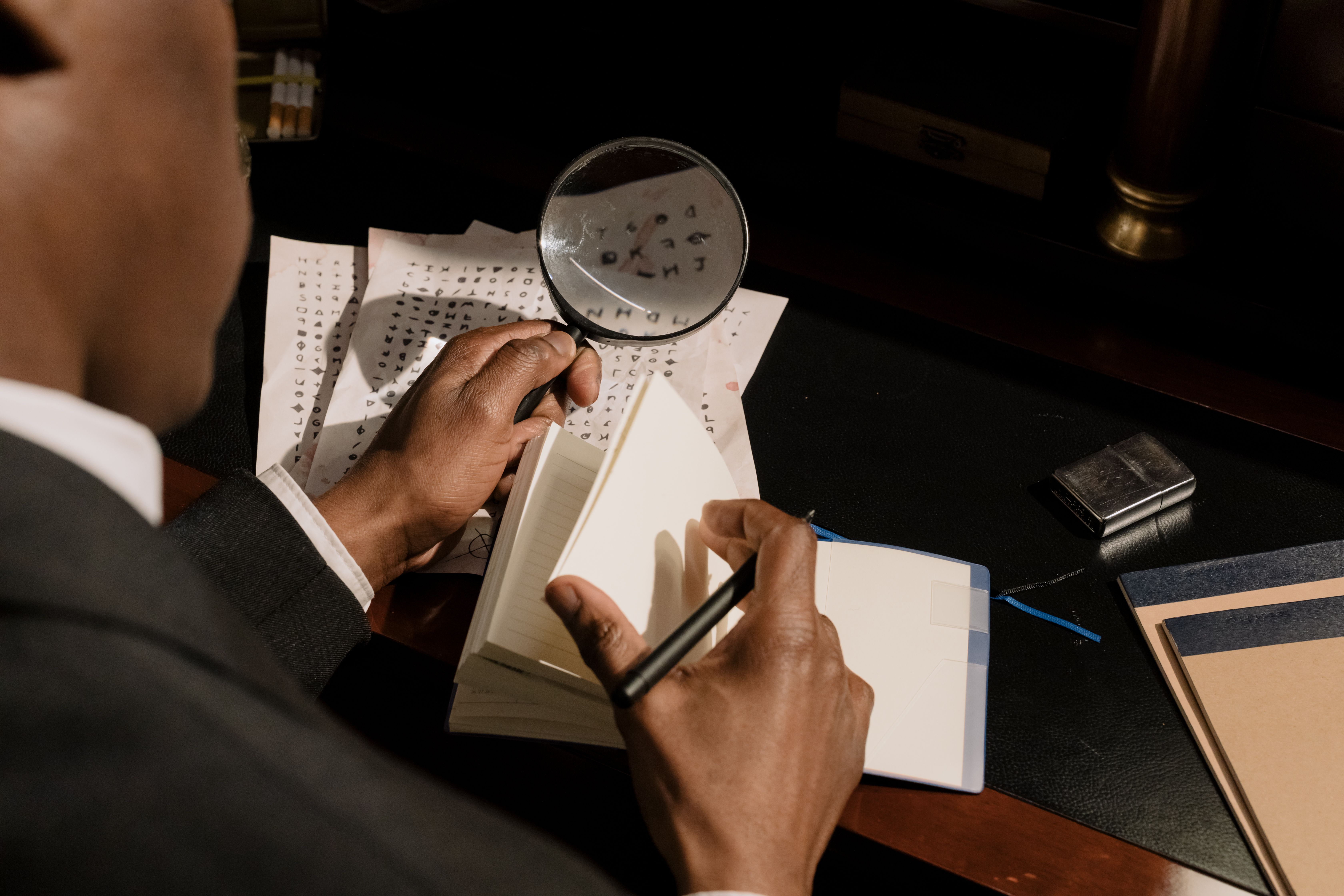 Investigator examining documents with a magnifying glass, representing the hunt for AI-generated fake comic panels